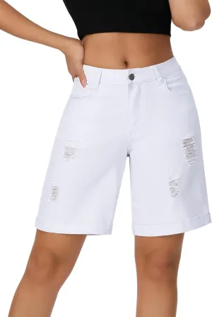 roswear Womens Wide Leg High Waisted Stretchy Ripped Cuffed Denim Jeans Shorts