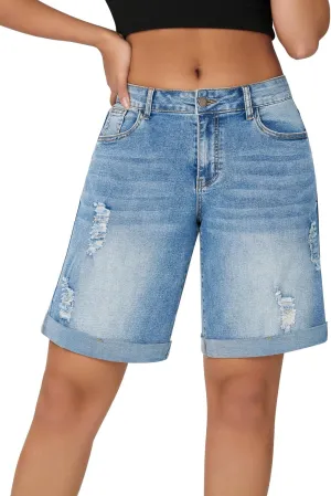 roswear Womens Wide Leg High Waisted Stretchy Ripped Cuffed Denim Jeans Shorts