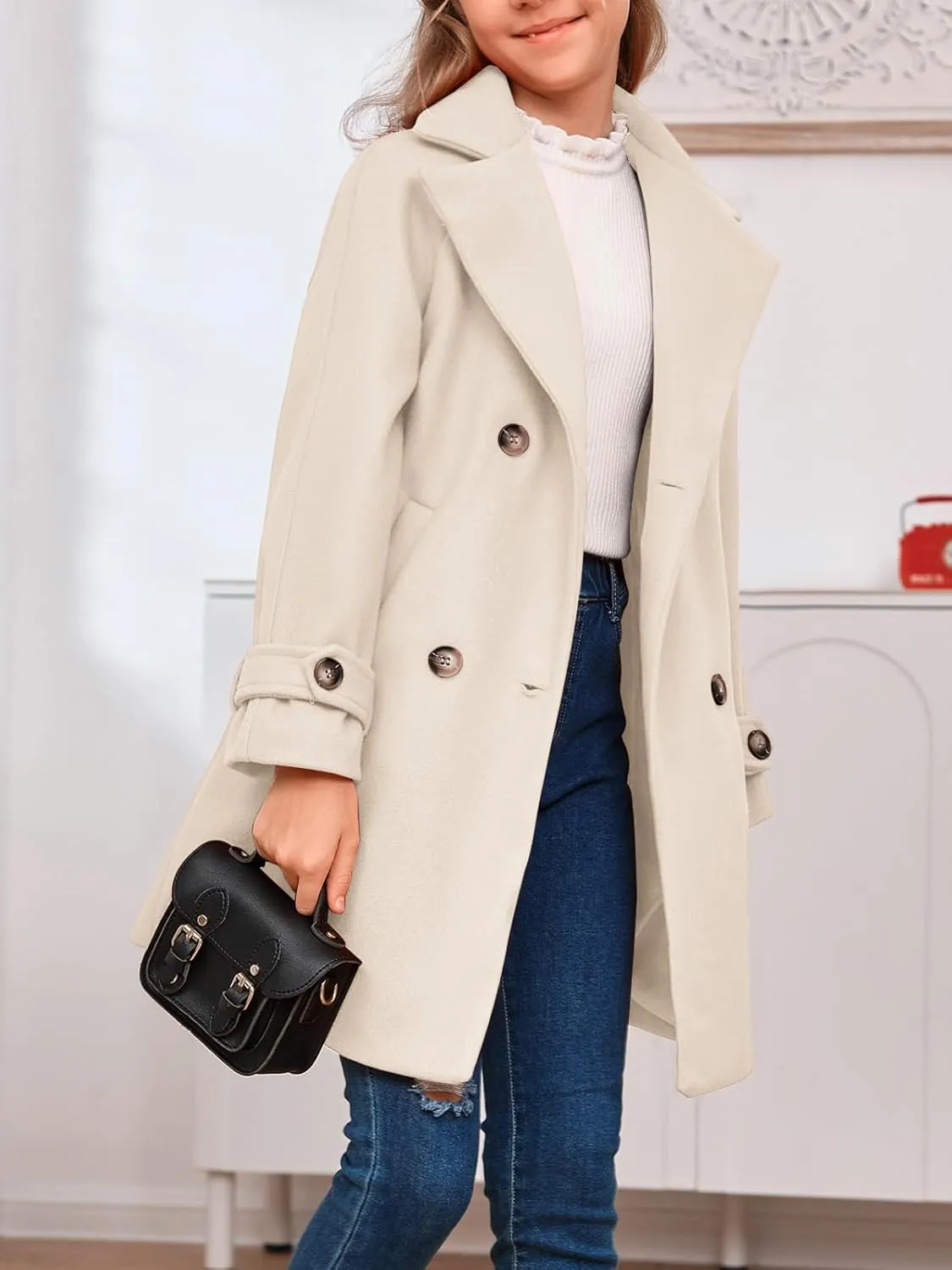 rrhss Girls Wool Blend Coat Double Breasted Classic Jacket Spring Fall Outwear Dress Coats With Pockets
