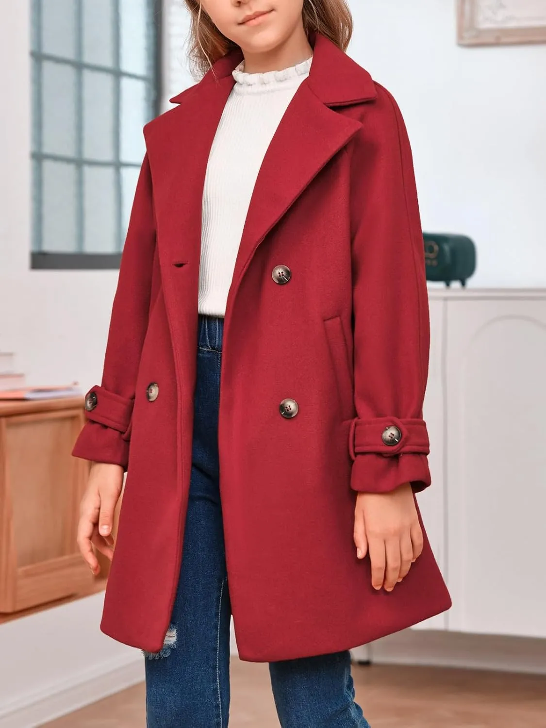 rrhss Girls Wool Blend Coat Double Breasted Classic Jacket Spring Fall Outwear Dress Coats With Pockets