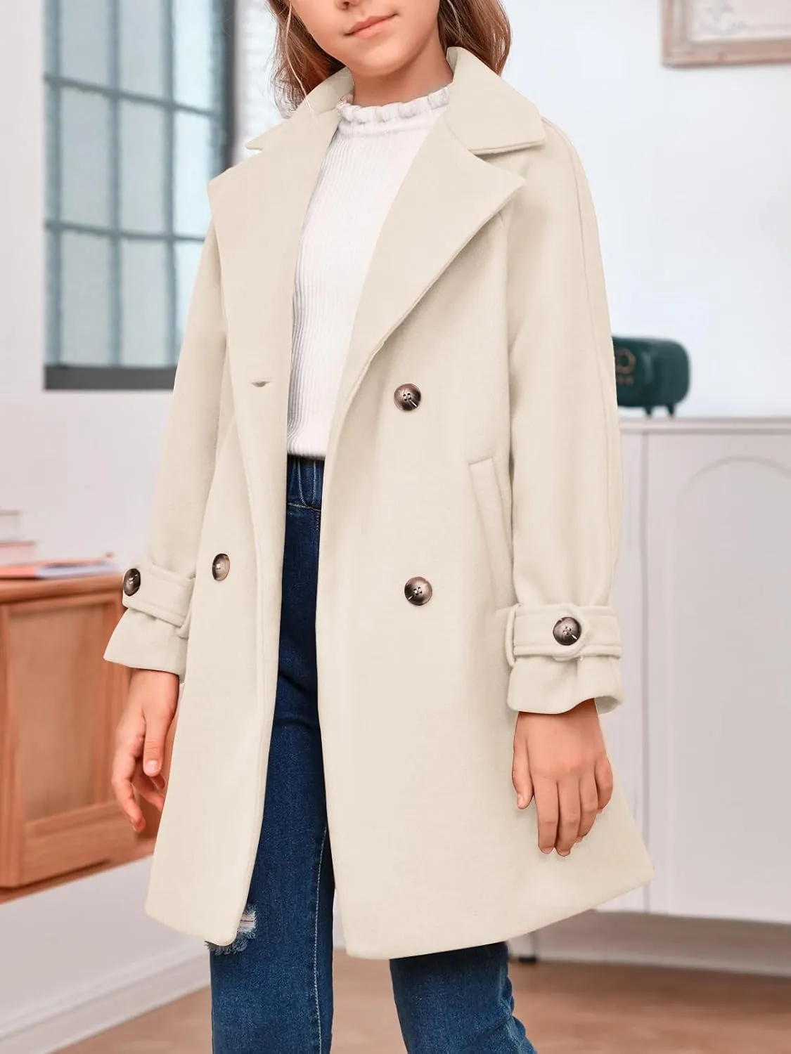 rrhss Girls Wool Blend Coat Double Breasted Classic Jacket Spring Fall Outwear Dress Coats With Pockets