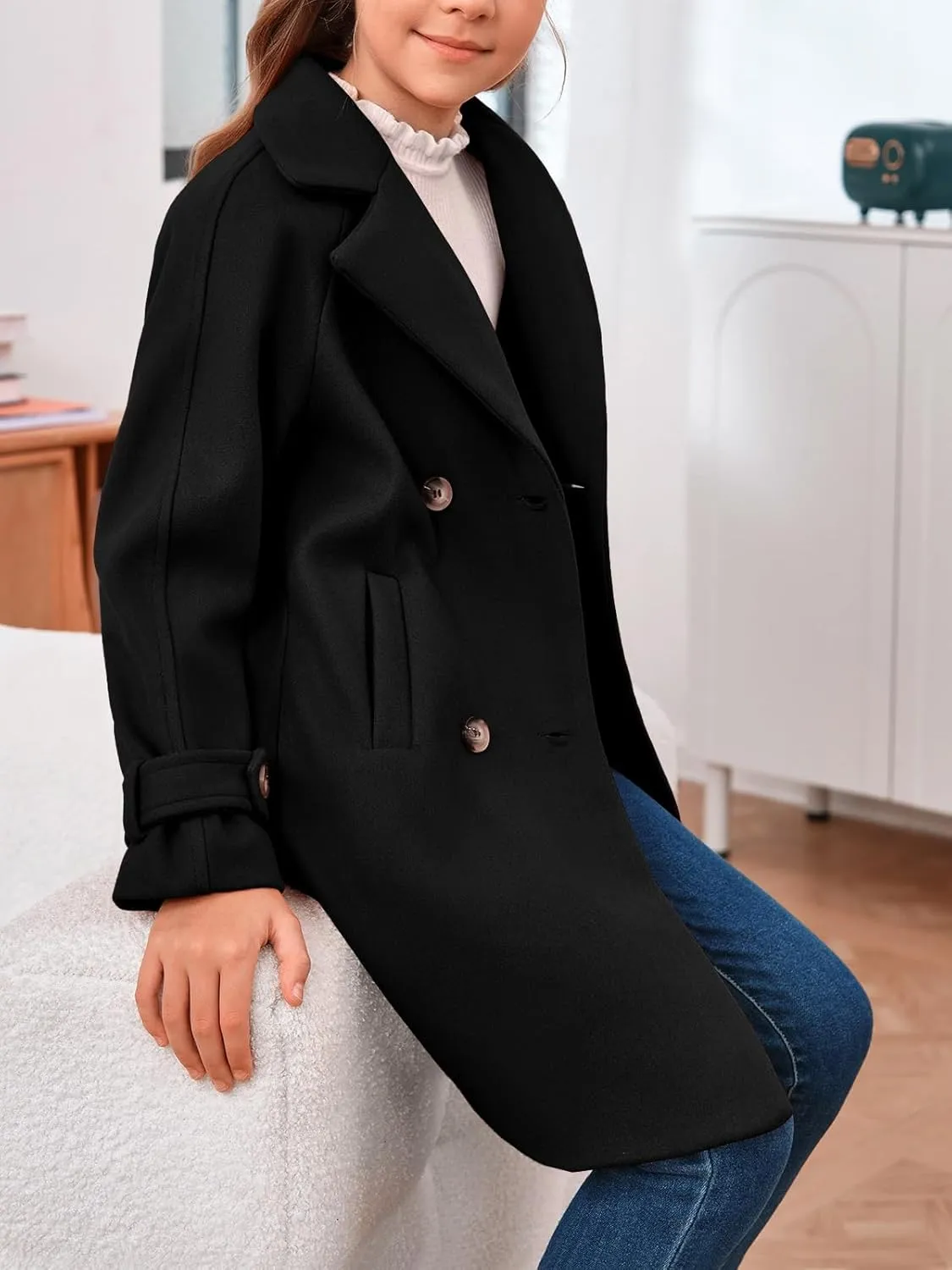 rrhss Girls Wool Blend Coat Double Breasted Classic Jacket Spring Fall Outwear Dress Coats With Pockets