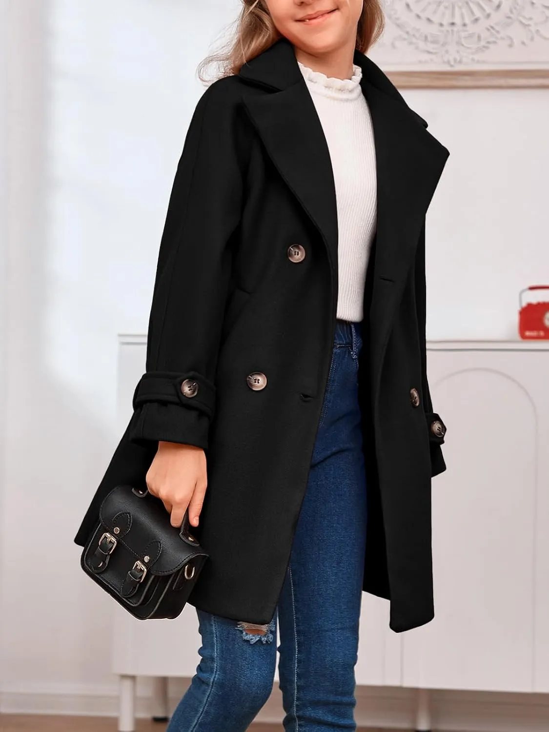 rrhss Girls Wool Blend Coat Double Breasted Classic Jacket Spring Fall Outwear Dress Coats With Pockets