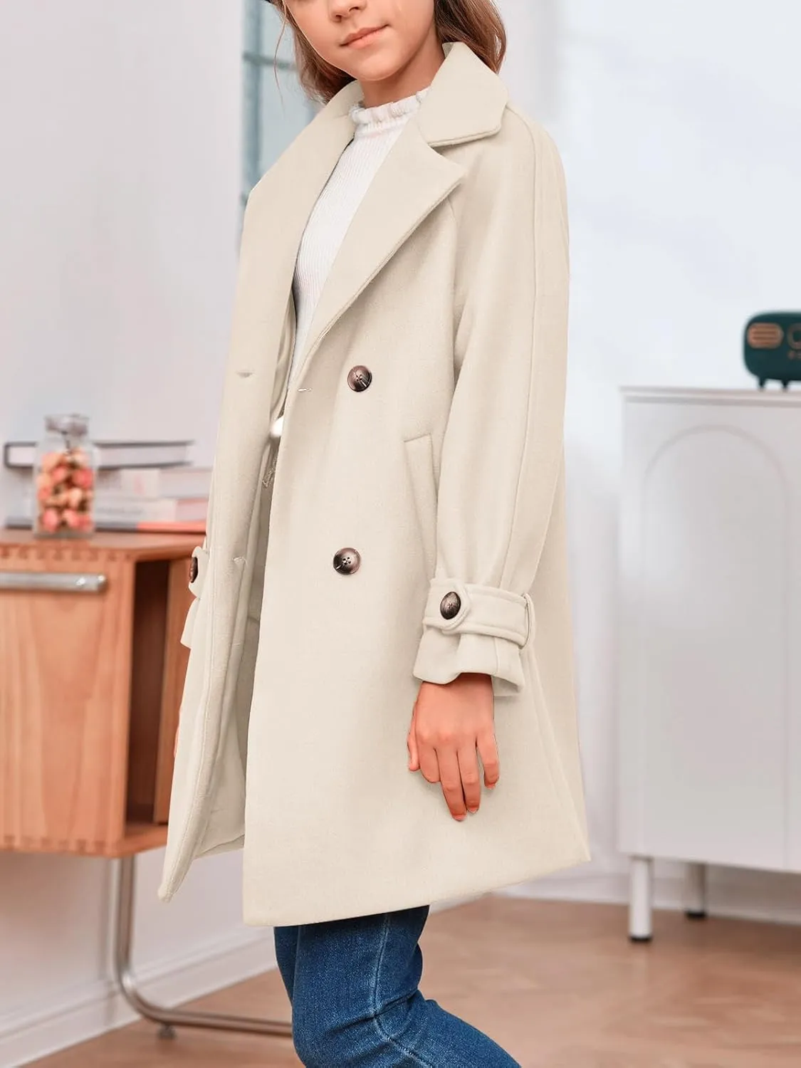 rrhss Girls Wool Blend Coat Double Breasted Classic Jacket Spring Fall Outwear Dress Coats With Pockets