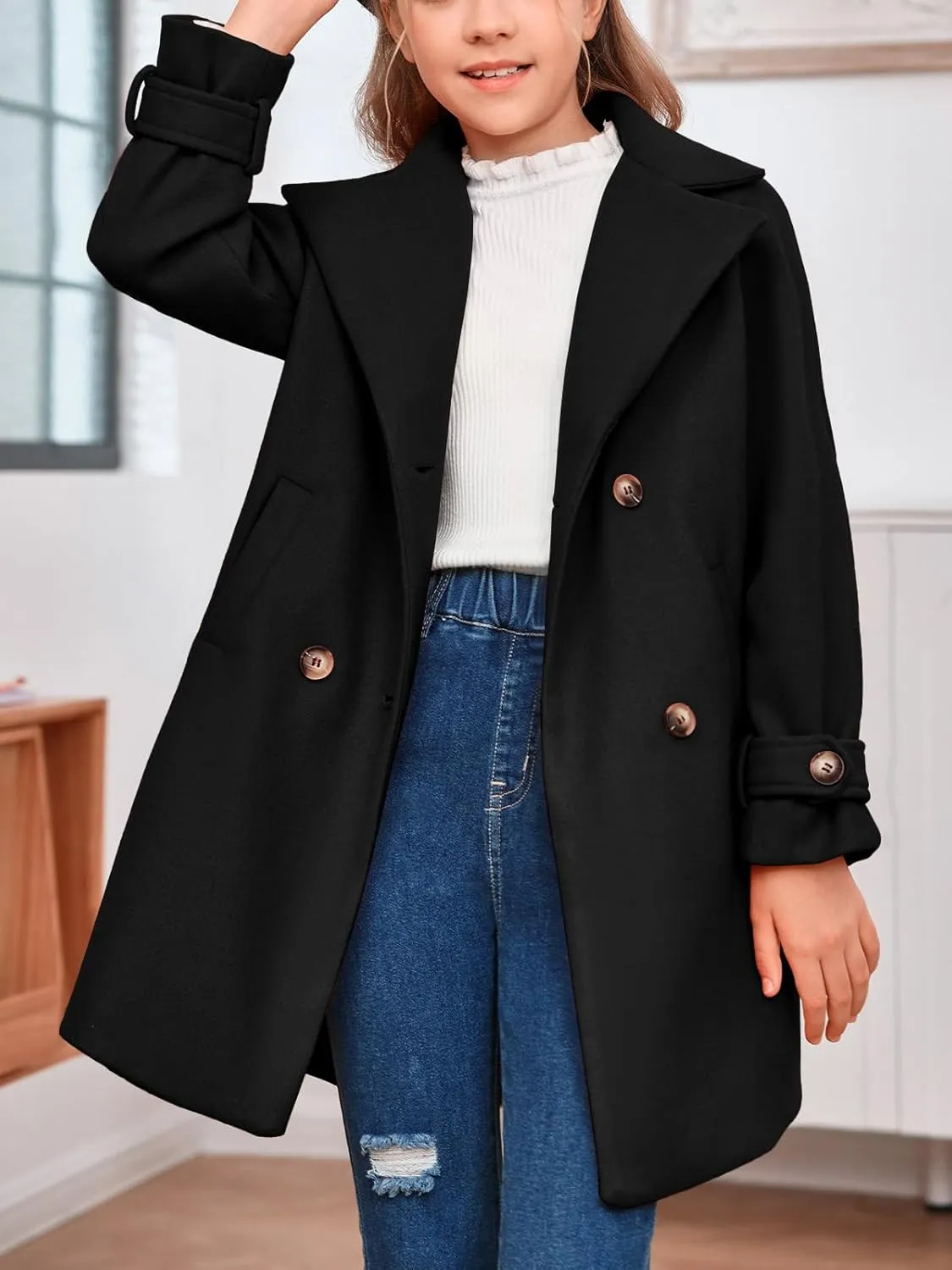 rrhss Girls Wool Blend Coat Double Breasted Classic Jacket Spring Fall Outwear Dress Coats With Pockets