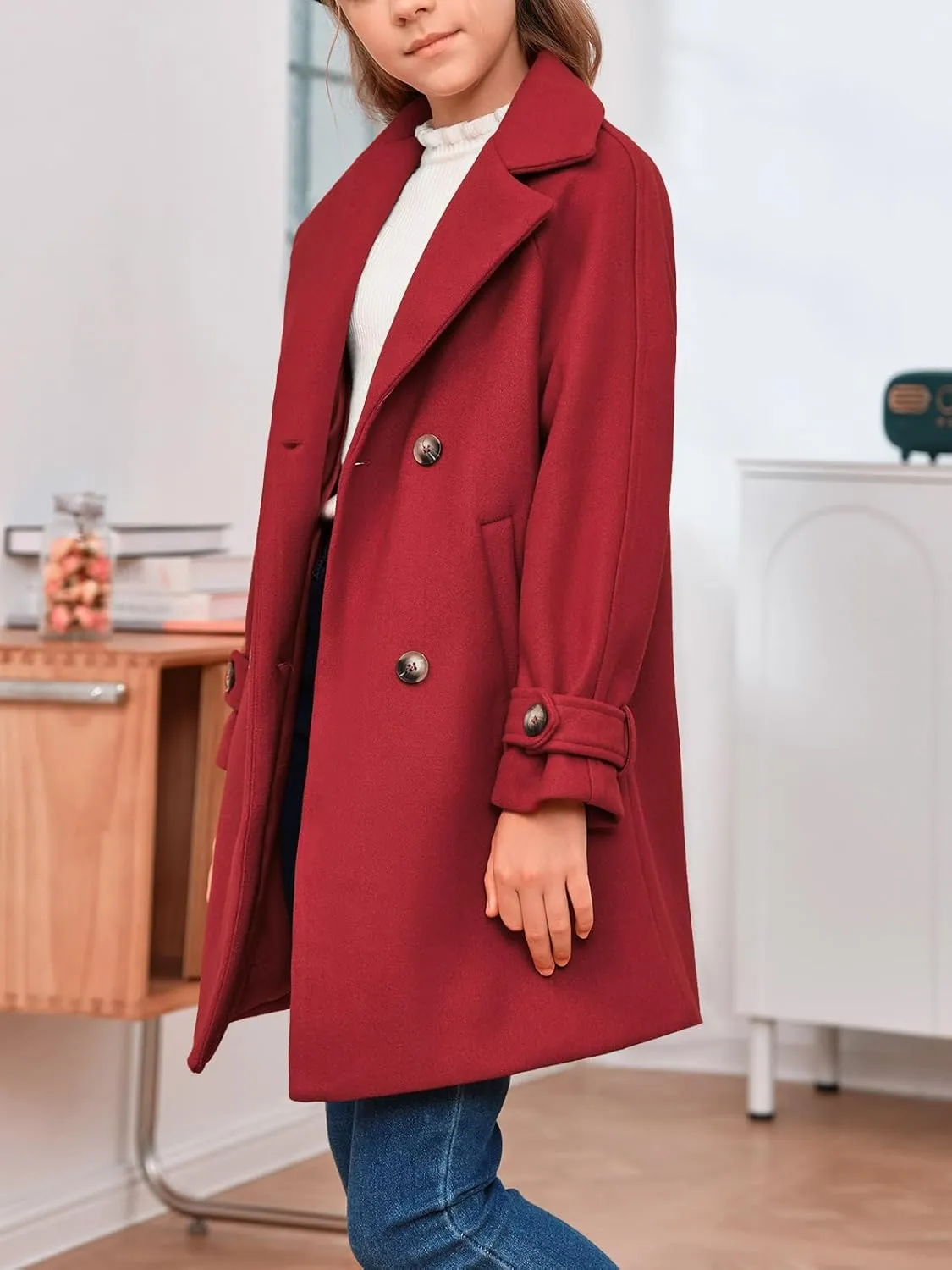 rrhss Girls Wool Blend Coat Double Breasted Classic Jacket Spring Fall Outwear Dress Coats With Pockets