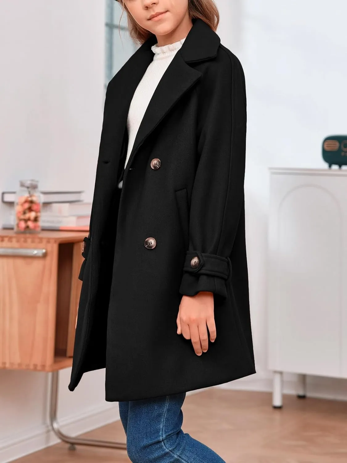 rrhss Girls Wool Blend Coat Double Breasted Classic Jacket Spring Fall Outwear Dress Coats With Pockets