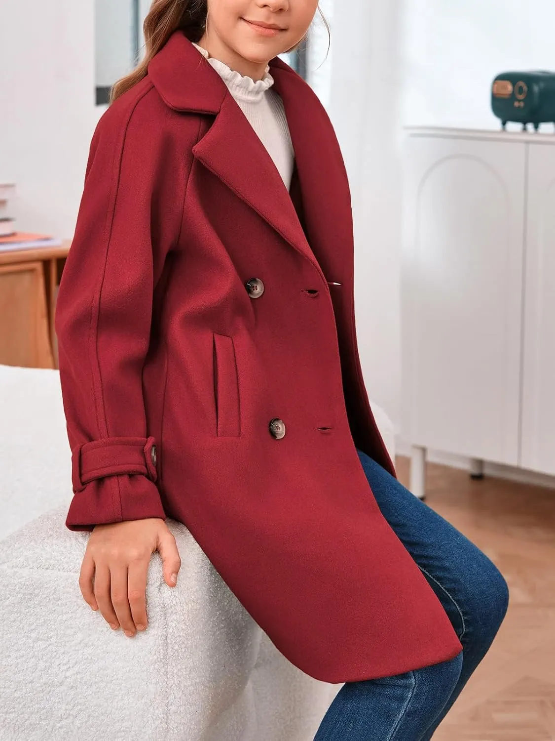 rrhss Girls Wool Blend Coat Double Breasted Classic Jacket Spring Fall Outwear Dress Coats With Pockets