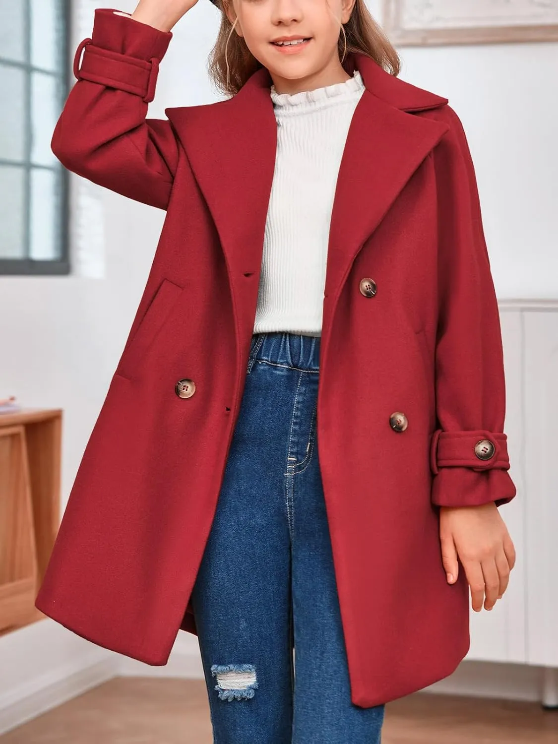 rrhss Girls Wool Blend Coat Double Breasted Classic Jacket Spring Fall Outwear Dress Coats With Pockets