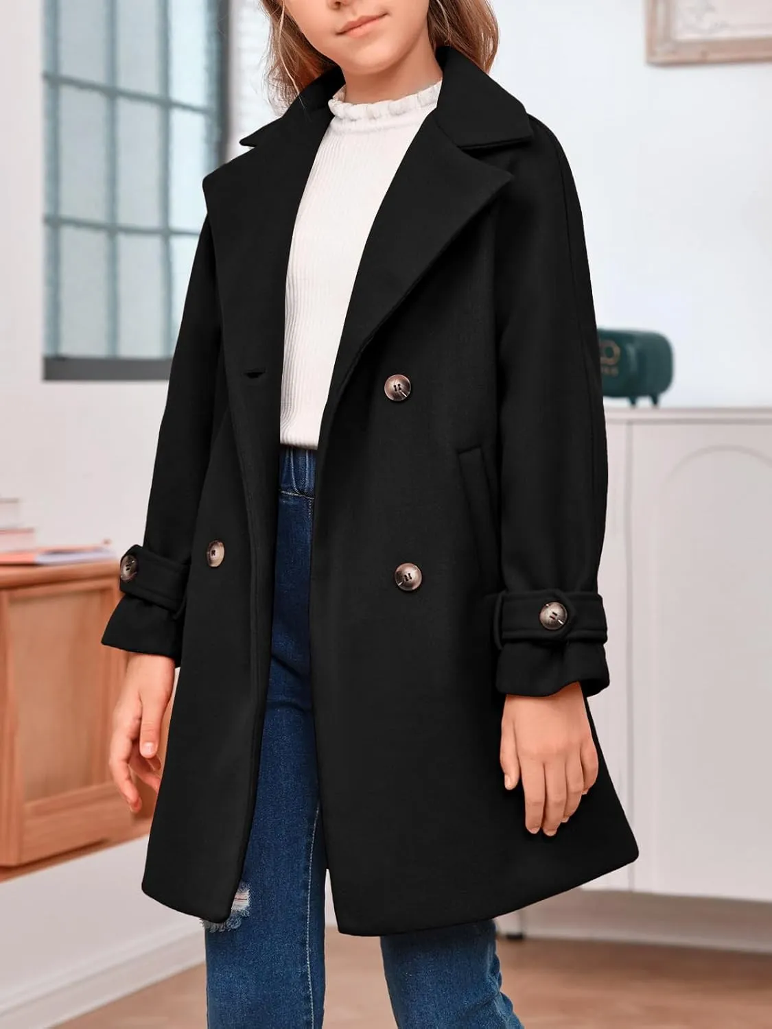 rrhss Girls Wool Blend Coat Double Breasted Classic Jacket Spring Fall Outwear Dress Coats With Pockets