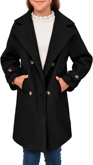 rrhss Girls Wool Blend Coat Double Breasted Classic Jacket Spring Fall Outwear Dress Coats With Pockets