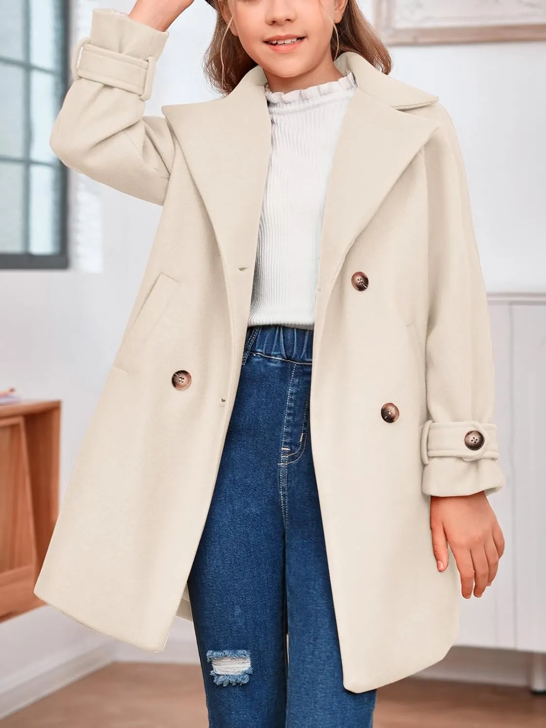rrhss Girls Wool Blend Coat Double Breasted Classic Jacket Spring Fall Outwear Dress Coats With Pockets