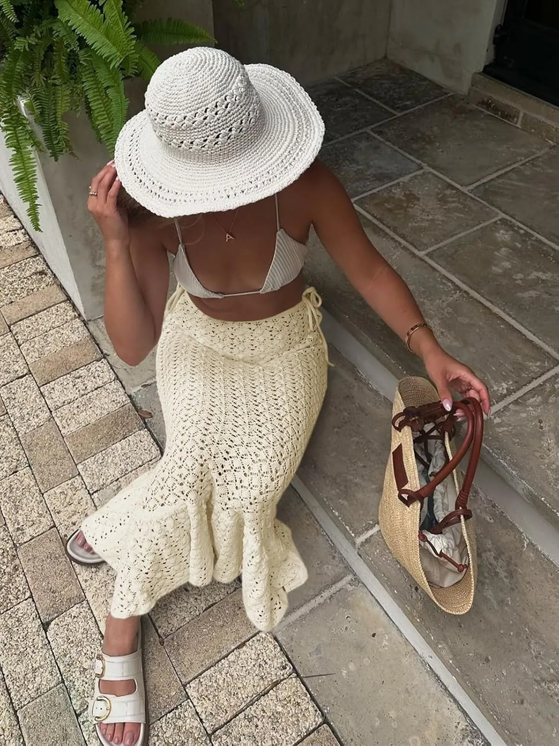 Saodimallsu Womens Crochet Cover Up Skirt High Waisted Sheer Knit Summer Swimsuit Coverup Beach Fishtail Maxi Skirts