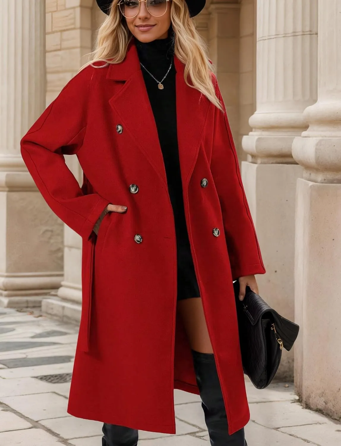 SEAUR Women's Classic Double-Breasted Trench Coat Wool Blend Lapel Pea Coat Mid Long Fall Winter Jacket Outwear