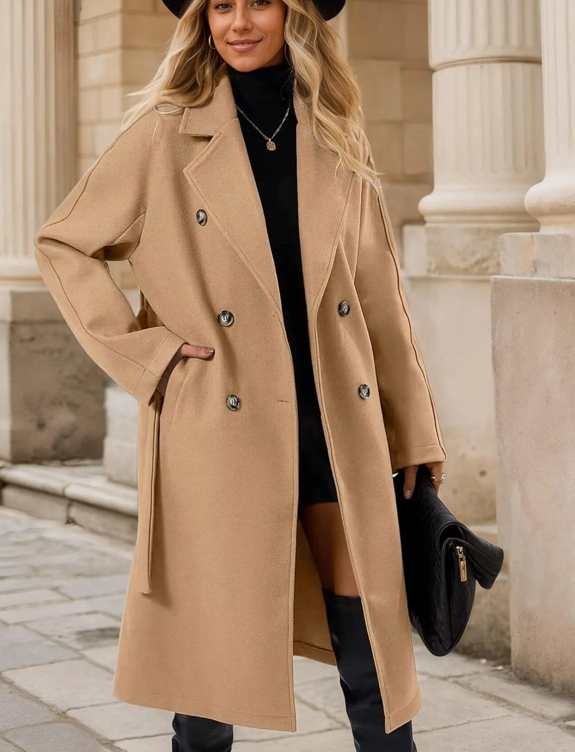 SEAUR Women's Classic Double-Breasted Trench Coat Wool Blend Lapel Pea Coat Mid Long Fall Winter Jacket Outwear