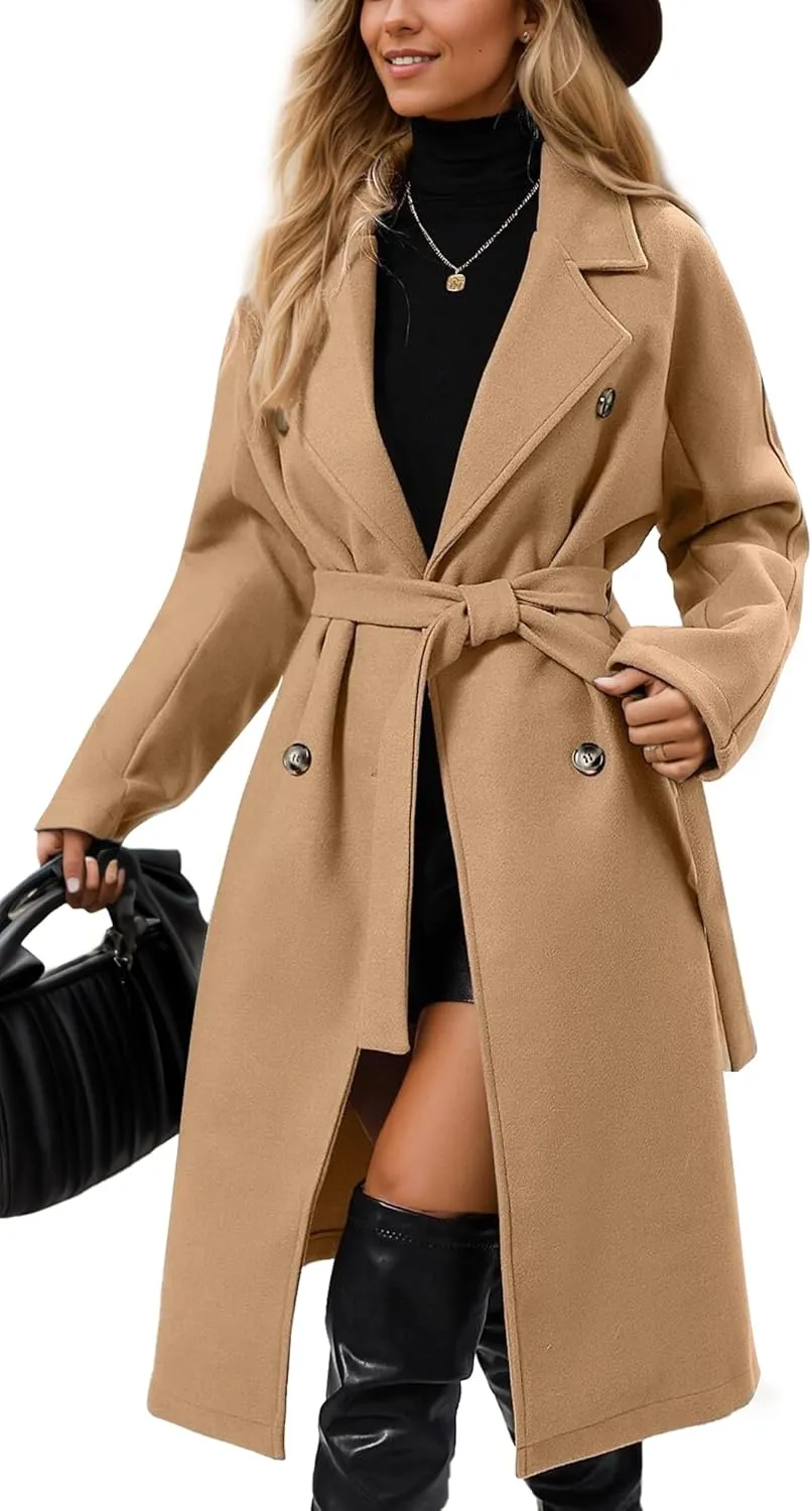 SEAUR Women's Classic Double-Breasted Trench Coat Wool Blend Lapel Pea Coat Mid Long Fall Winter Jacket Outwear