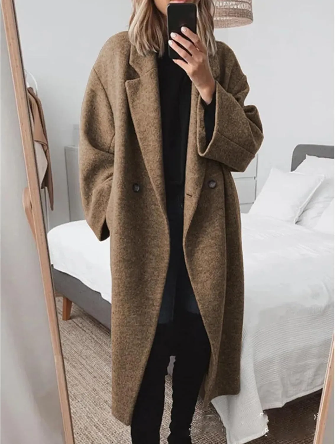 SEMATOMALA Women's Winter Double Breasted Pea Coat Oversized Notch Lapel Long Trench Coat Warm Wool Blend Jackets