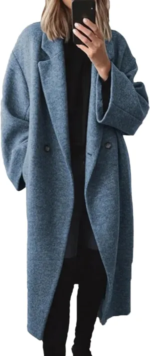SEMATOMALA Women's Winter Double Breasted Pea Coat Oversized Notch Lapel Long Trench Coat Warm Wool Blend Jackets