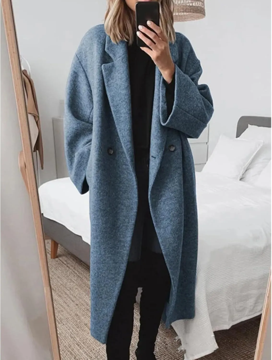SEMATOMALA Women's Winter Double Breasted Pea Coat Oversized Notch Lapel Long Trench Coat Warm Wool Blend Jackets