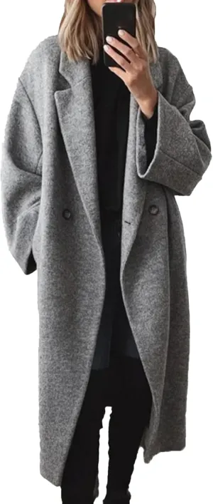 SEMATOMALA Women's Winter Double Breasted Pea Coat Oversized Notch Lapel Long Trench Coat Warm Wool Blend Jackets