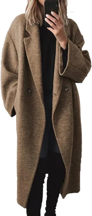 SEMATOMALA Women's Winter Double Breasted Pea Coat Oversized Notch Lapel Long Trench Coat Warm Wool Blend Jackets