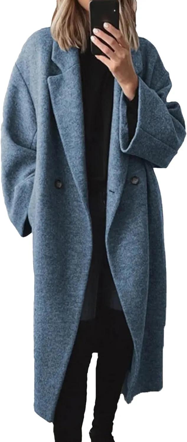 SEMATOMALA Women's Winter Double Breasted Pea Coat Oversized Notch Lapel Long Trench Coat Warm Wool Blend Jackets