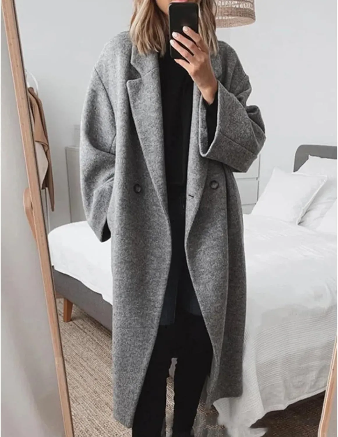 SEMATOMALA Women's Winter Double Breasted Pea Coat Oversized Notch Lapel Long Trench Coat Warm Wool Blend Jackets