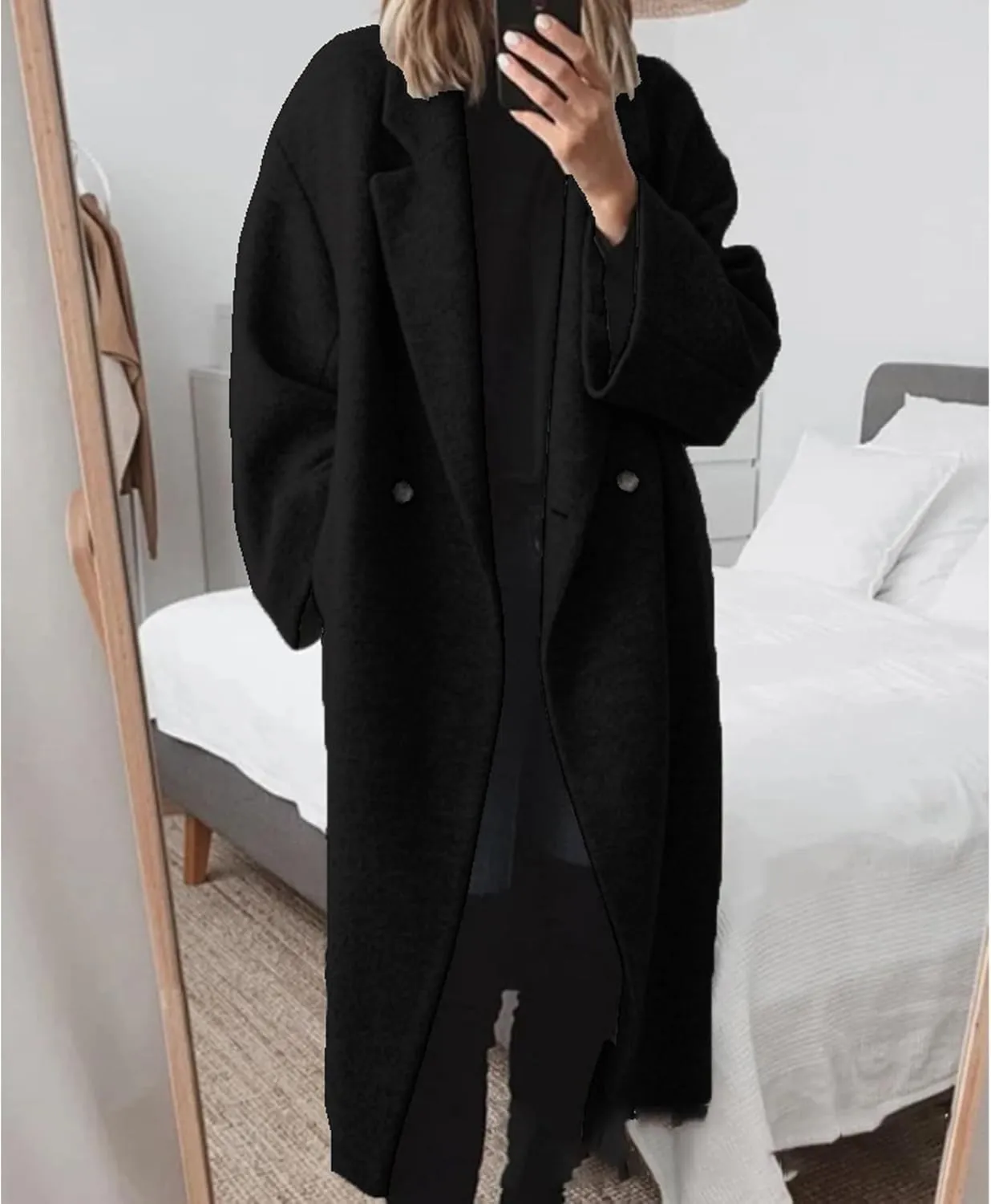 SEMATOMALA Women's Winter Double Breasted Pea Coat Oversized Notch Lapel Long Trench Coat Warm Wool Blend Jackets