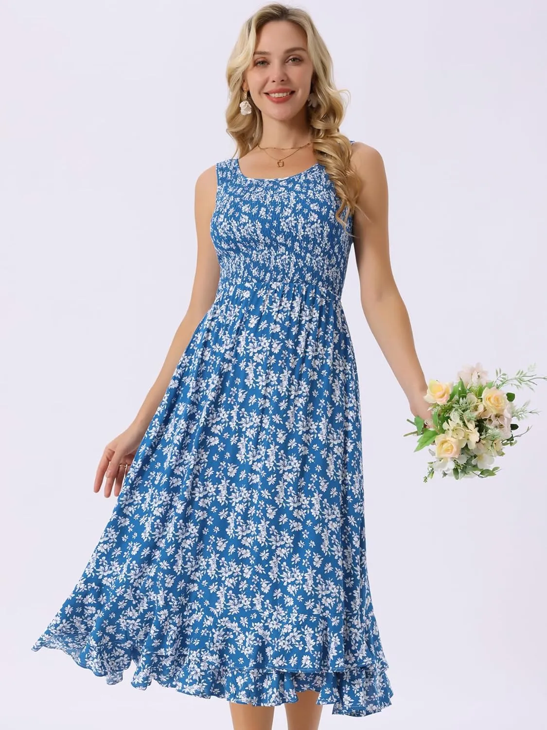 Seta T Women's Summer Floral Boho Dresses Scoop Neck Sleeveless Ruffle Hem A Line Beach Sundress with Pockets