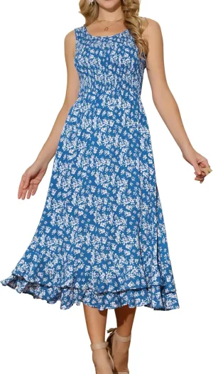 Seta T Women's Summer Floral Boho Dresses Scoop Neck Sleeveless Ruffle Hem A Line Beach Sundress with Pockets