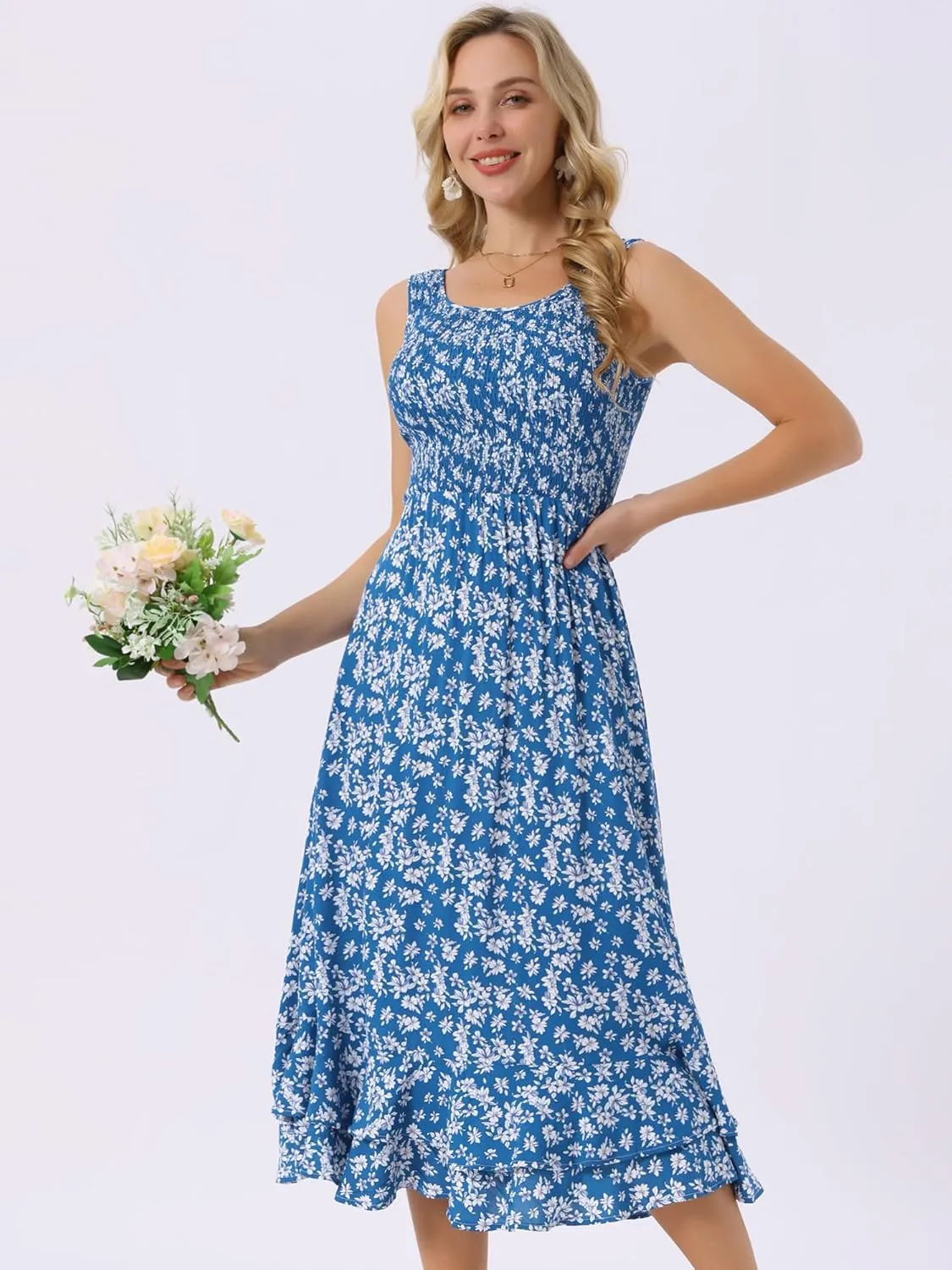Seta T Women's Summer Floral Boho Dresses Scoop Neck Sleeveless Ruffle Hem A Line Beach Sundress with Pockets