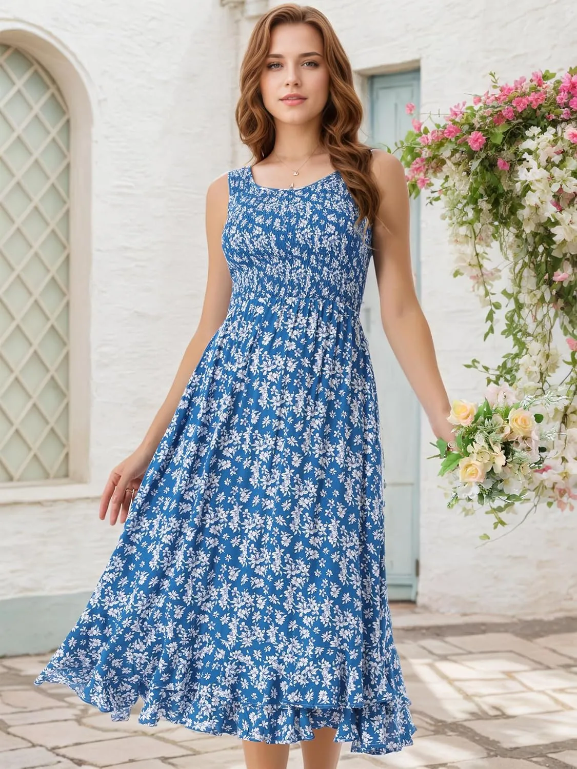 Seta T Women's Summer Floral Boho Dresses Scoop Neck Sleeveless Ruffle Hem A Line Beach Sundress with Pockets