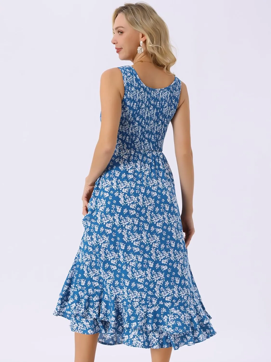 Seta T Women's Summer Floral Boho Dresses Scoop Neck Sleeveless Ruffle Hem A Line Beach Sundress with Pockets