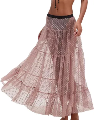 Seyumixi Women Y2k Ruffle Flowy Long Skirt Elastic A Line Tiered Maxi Skirts See Through Mesh Layering Slip Underskirt