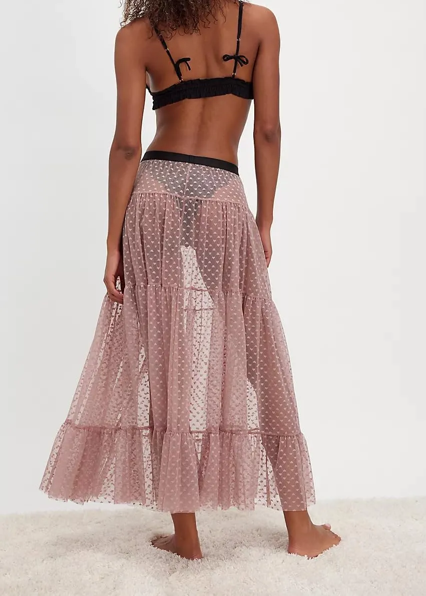 Seyumixi Women Y2k Ruffle Flowy Long Skirt Elastic A Line Tiered Maxi Skirts See Through Mesh Layering Slip Underskirt