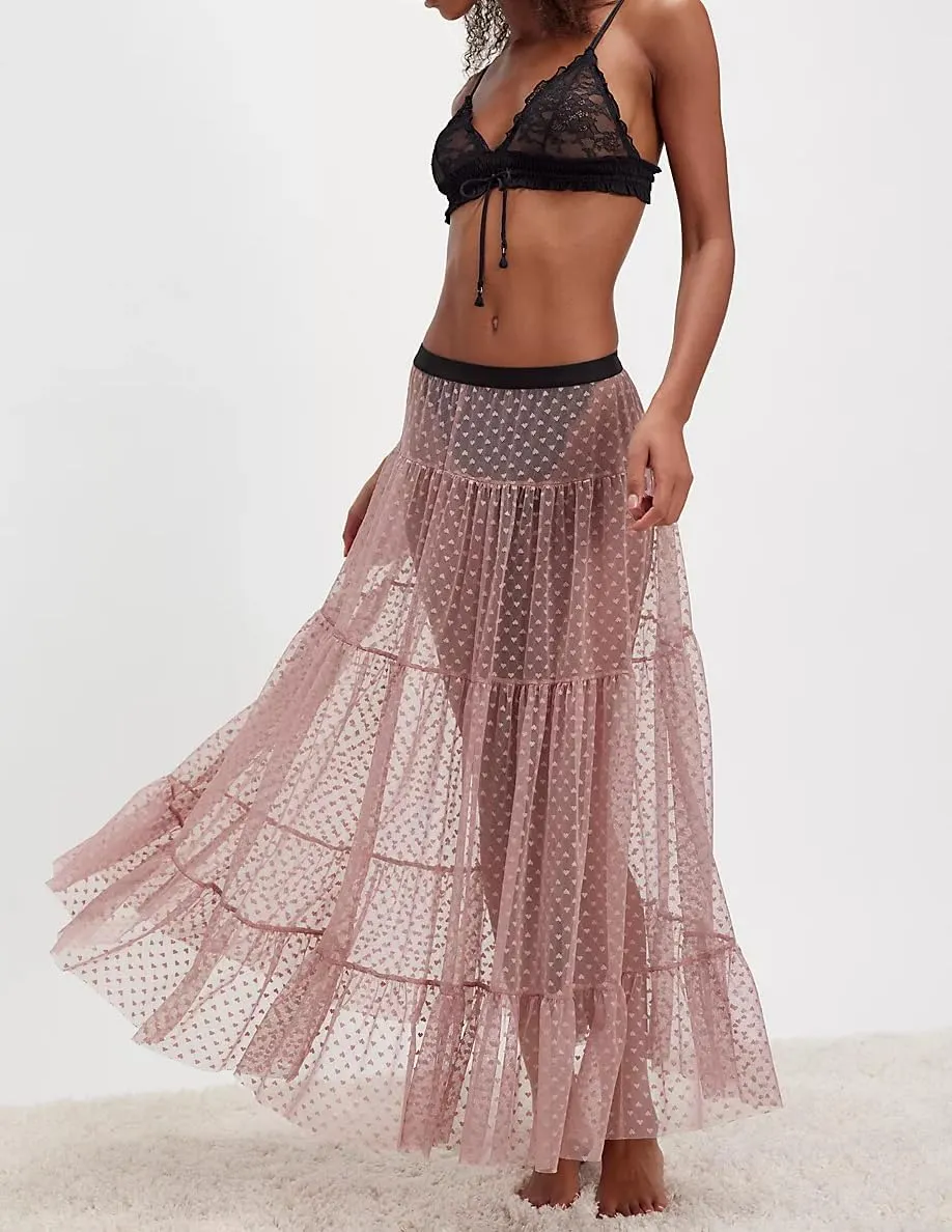 Seyumixi Women Y2k Ruffle Flowy Long Skirt Elastic A Line Tiered Maxi Skirts See Through Mesh Layering Slip Underskirt