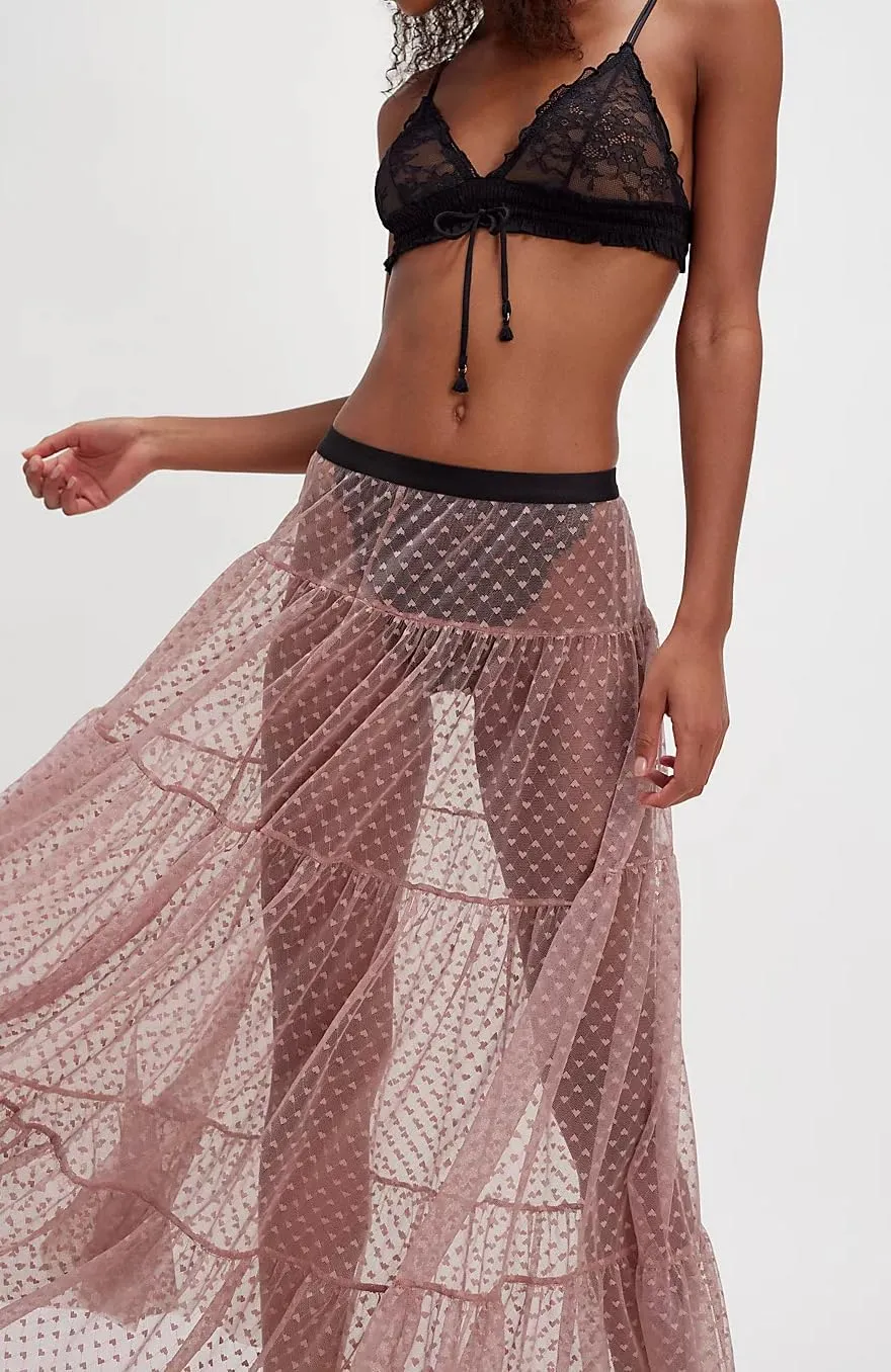 Seyumixi Women Y2k Ruffle Flowy Long Skirt Elastic A Line Tiered Maxi Skirts See Through Mesh Layering Slip Underskirt