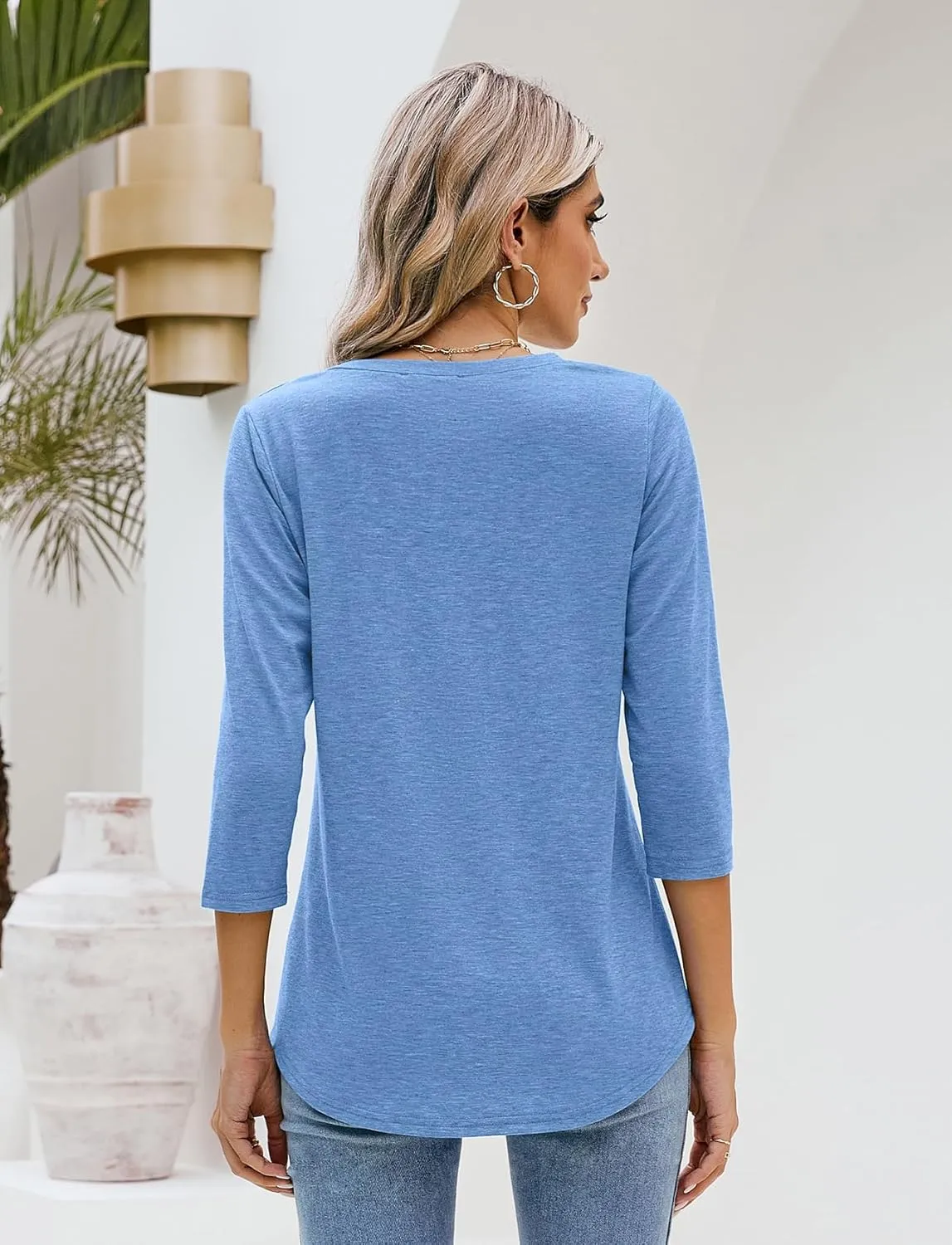 Sherosa Womens V Neck 3/4 Sleeve T Shirts Loose Fit Shirts Casual Solid Basic Tops Tees Blouses