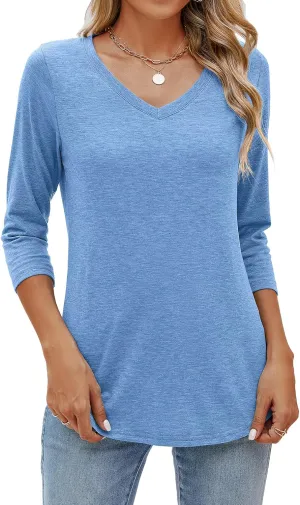Sherosa Womens V Neck 3/4 Sleeve T Shirts Loose Fit Shirts Casual Solid Basic Tops Tees Blouses