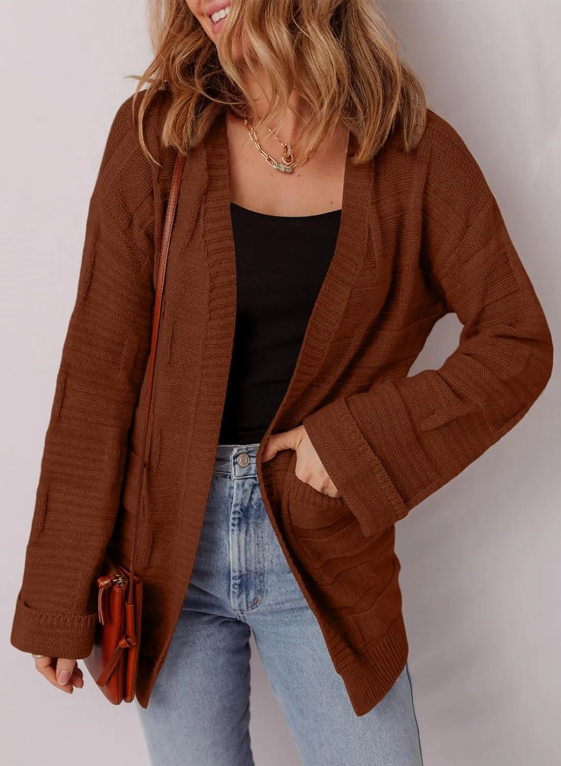 SHEWIN Women's Open Front Lightweight Cardigan Casual Long Sleeve Knit Loose Sweaters Outwear