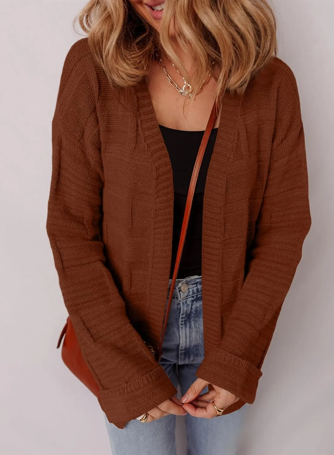 SHEWIN Women's Open Front Lightweight Cardigan Casual Long Sleeve Knit Loose Sweaters Outwear