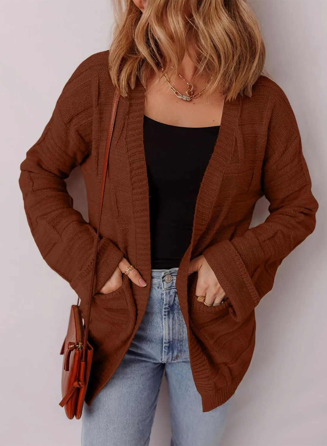 SHEWIN Women's Open Front Lightweight Cardigan Casual Long Sleeve Knit Loose Sweaters Outwear
