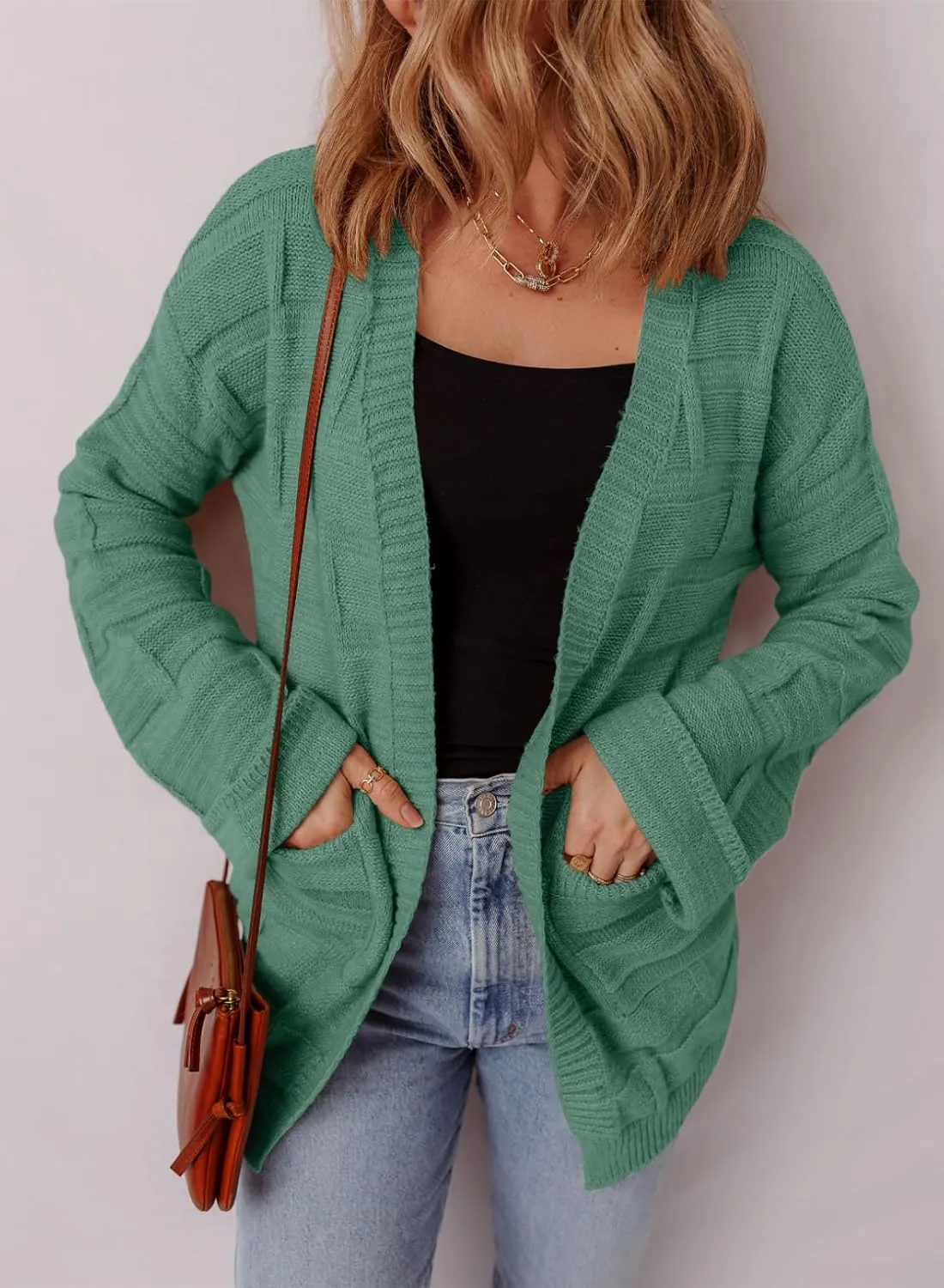 SHEWIN Women's Open Front Lightweight Cardigan Casual Long Sleeve Knit Loose Sweaters Outwear