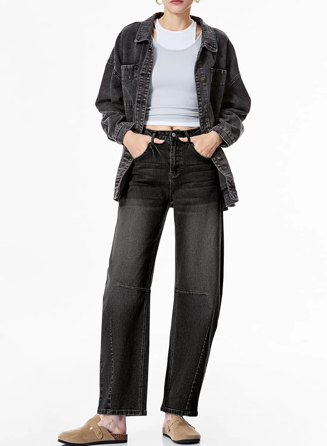 Sidefeel Women's Barrel Jeans Wide Leg Vintage Mid Rise Y2k Baggy Boyfriend Ankle Denim Pants