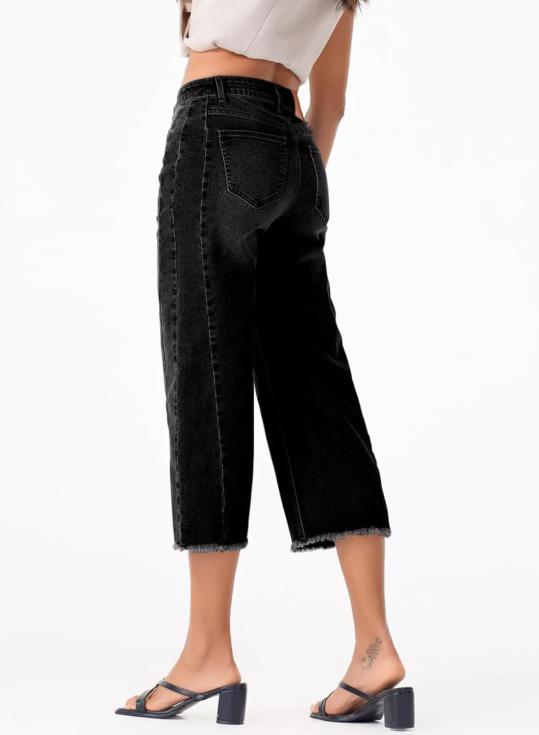 Sidefeel Women's Capri Jeans High Waisted Wide Leg Stretchy Raw Hem Side Seam Zimbaplatinum Denim Pants