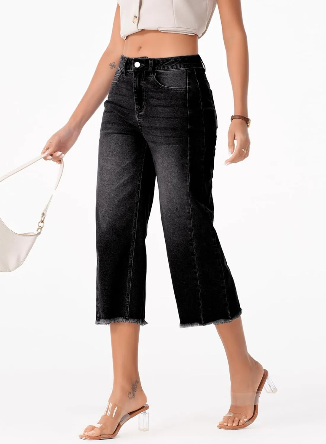 Sidefeel Women's Capri Jeans High Waisted Wide Leg Stretchy Raw Hem Side Seam Zimbaplatinum Denim Pants