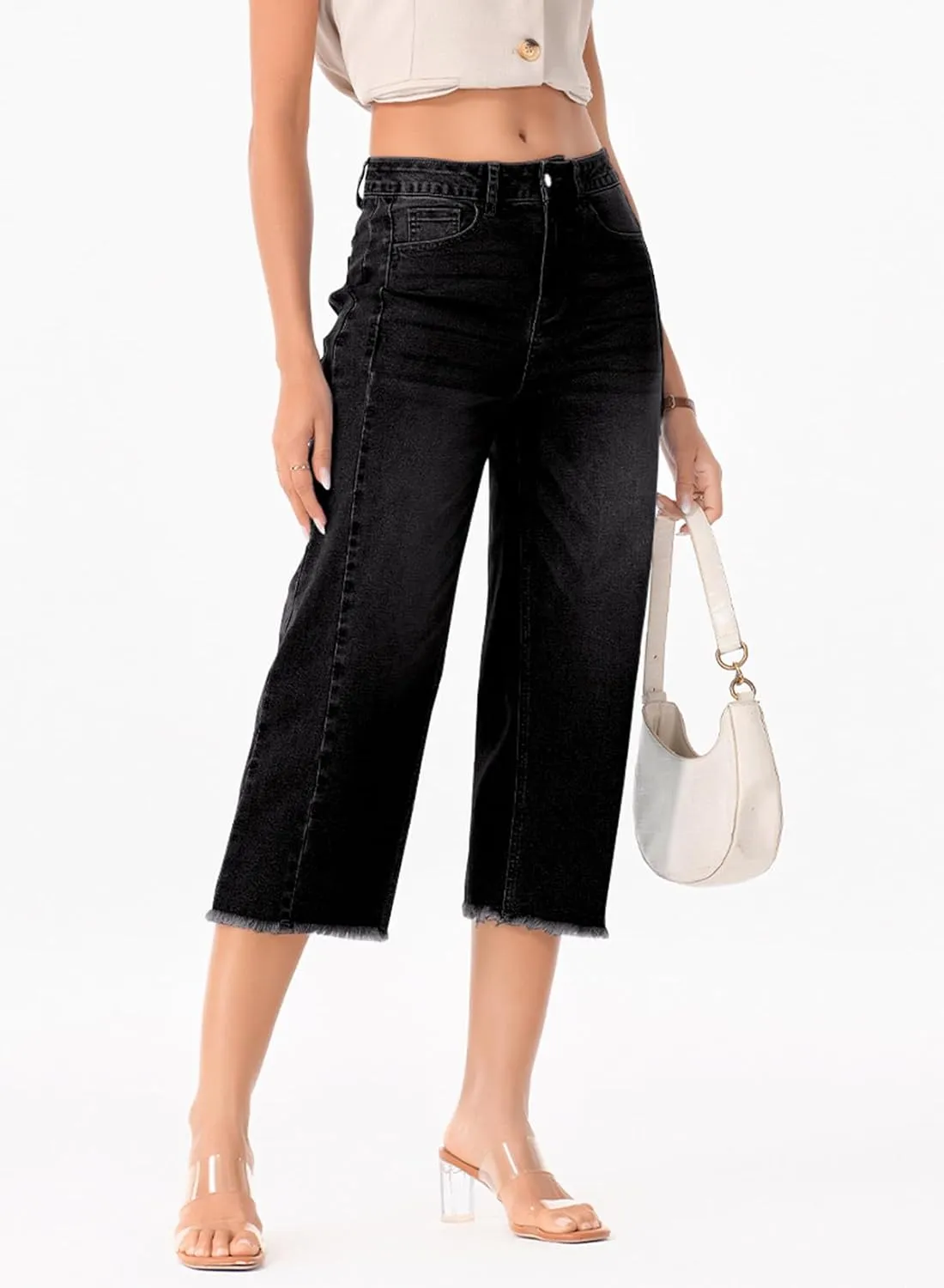 Sidefeel Women's Capri Jeans High Waisted Wide Leg Stretchy Raw Hem Side Seam Zimbaplatinum Denim Pants