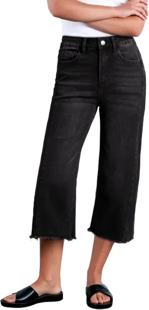 Sidefeel Women's Capri Jeans High Waisted Wide Leg Stretchy Raw Hem Side Seam Zimbaplatinum Denim Pants
