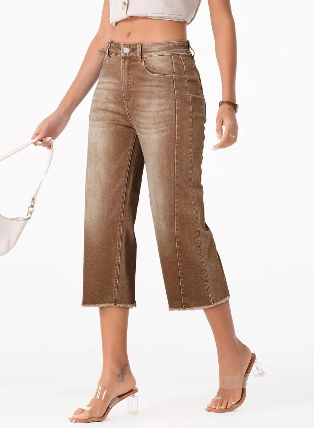 Sidefeel Women's Capri Jeans High Waisted Wide Leg Stretchy Raw Hem Side Seam Zimbaplatinum Denim Pants