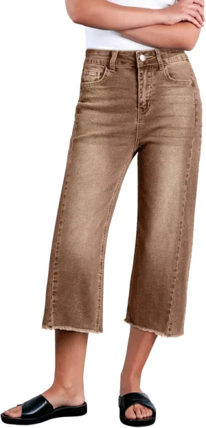 Sidefeel Women's Capri Jeans High Waisted Wide Leg Stretchy Raw Hem Side Seam Zimbaplatinum Denim Pants